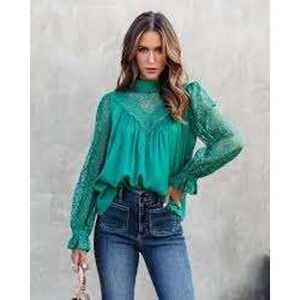 VICI Green Lace Mock Neck Long Sleeve Blouse Down memory Lane Womens Extra Small